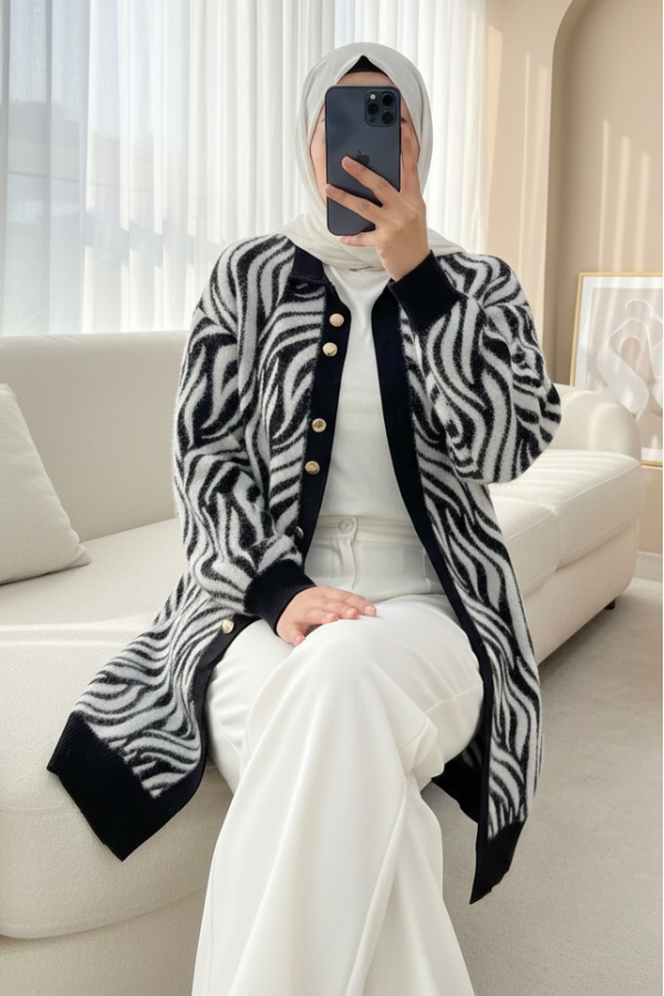 Düğmeli Zebra Desen Sakallı Triko Hırka -Siyah