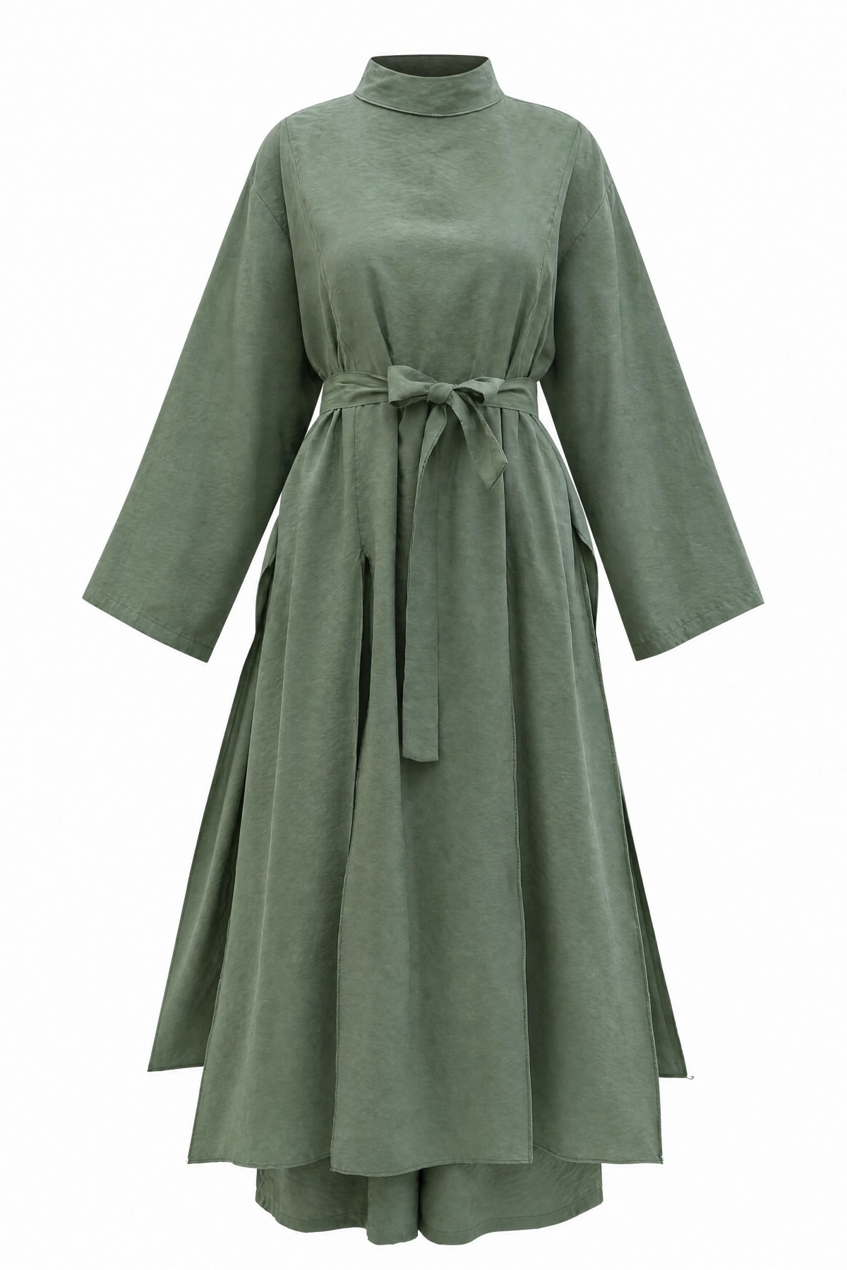 Modal Set with Long-Slit Tunic and Pocketed Trousers -Khaki