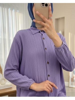 Boydan Düğmeli Kolu Lastikli Uzun Krinkıl Tunik   -Lila