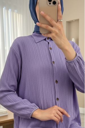 Boydan Düğmeli Kolu Lastikli Uzun Krinkıl Tunik   -Lila