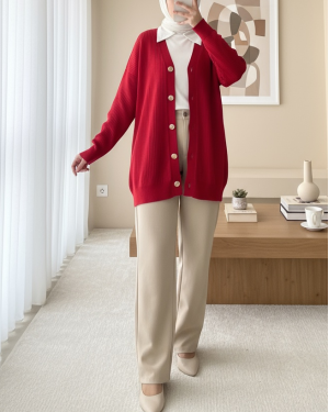 Buttoned Ribbed Knitwear Cardigan -Red