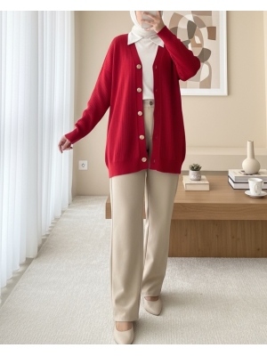 Düğmeli Fitilli Triko Hırka  -Kırmızı