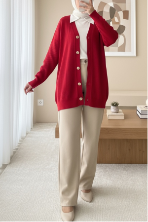 Buttoned Ribbed Knitwear Cardigan -Red