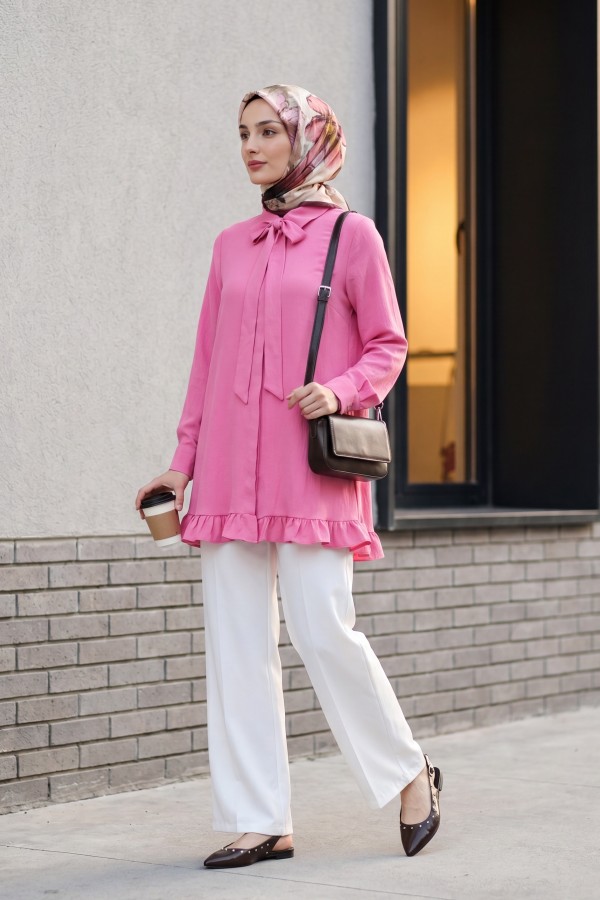 Modal Tunic with Ruffled Hem, Drawstring Waist and Hidden Buttons -Pink