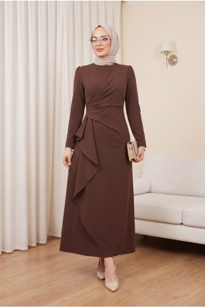 Asymmetrical Crepe Dress with Front Allery Skirt   -Brown
