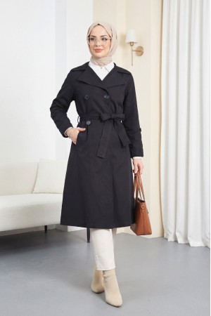 Kolu Katlamalı Düğmeli Kemerli Trençkot -Siyah