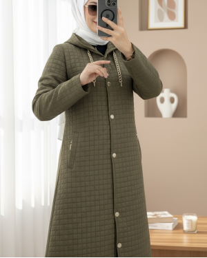 Long Quilted Coat with Chain Detail on Collar  -Khaki