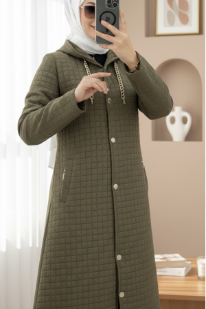 Long Quilted Coat with Chain Detail on Collar  -Khaki