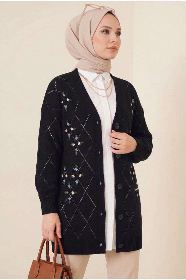 Openwork Floral Embroidered Buttoned Knitwear Cardigan -Black