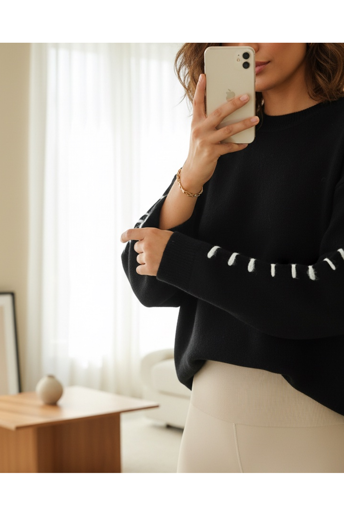 Soft Knit Tunic with Drawstring Sleeves and Stripes -Black