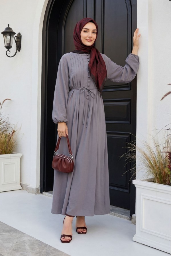 Half-Button Modal Dress with Ribbed Front and Belt -Grey