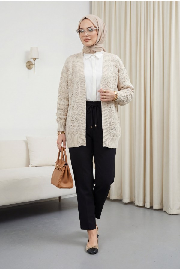 Patterned Mid-Length Knitted Cardigan -Stone