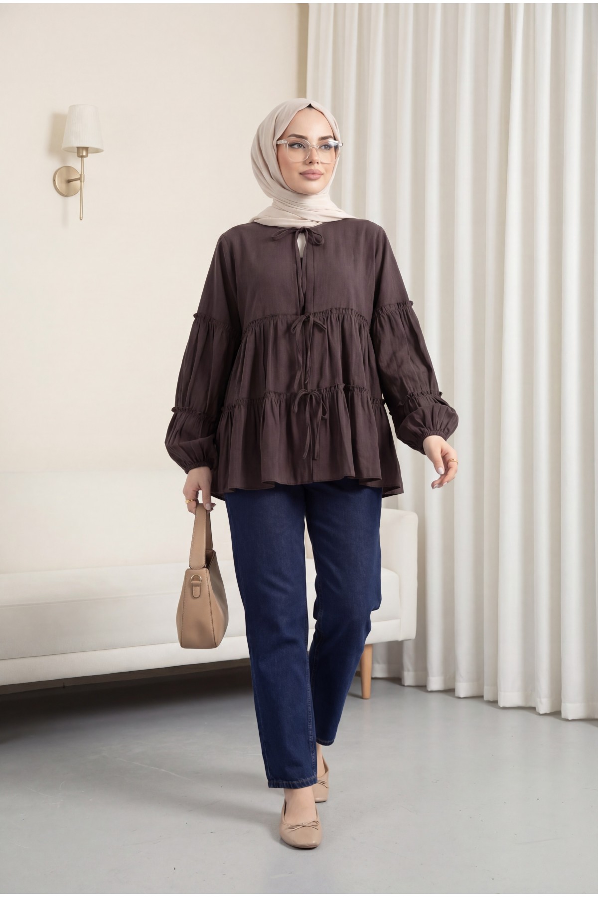 Layered Modal Kimono with Elasticated Sleeves and Tie Front-Brown