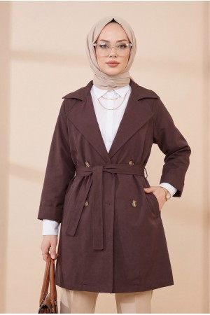 Bolero Detaylı Düğmeli Ara Boy Trençkot -Mürdüm