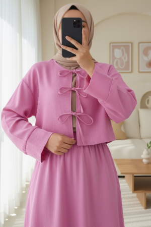 Linen Suit with Elastic Waist and Lace     -Pink