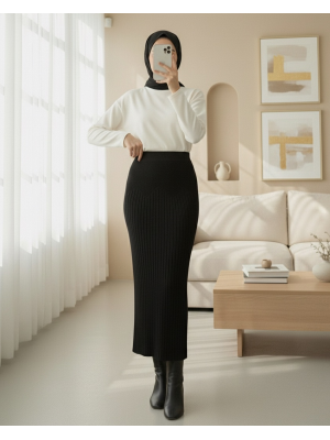 Beli Lastikli Pliseli Triko Etek -Siyah
