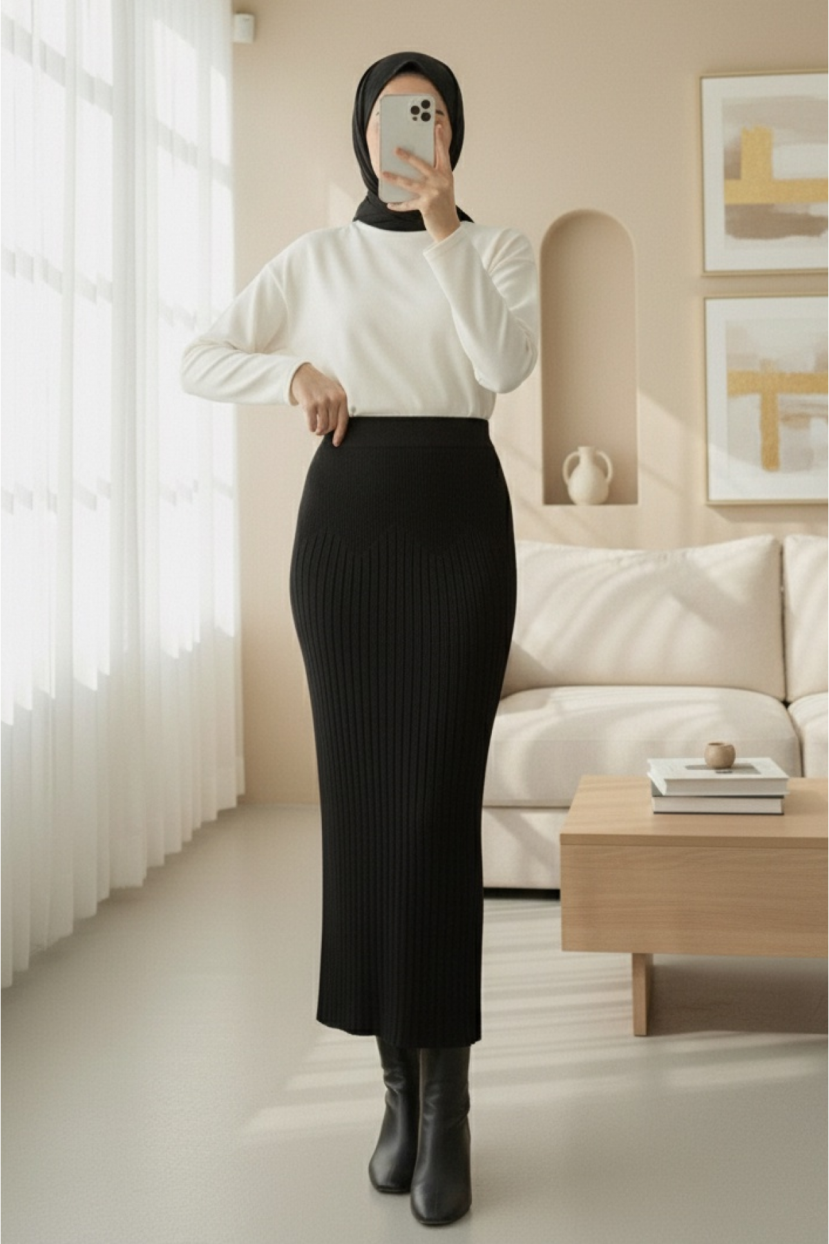Elastic Waist Pleated Knit Skirt -Black