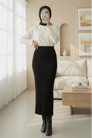 Beli Lastikli Pliseli Triko Etek -Siyah