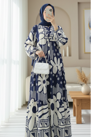 Yarım Düğmeli Parçalı Çiçekli Pamuklu Poliviskon Elbise -Laci