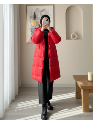 Kapşonlu Bağcık Detaylı Fermuarlı Şişme Mont -Kırmızı