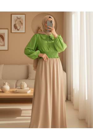 Baby Collar Long Sleeve Blouse with Elastic Waist  -Green