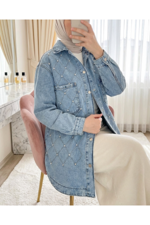 Çift Cepli Taşlı Önü Düğmeli Kot Ceket -İndigo