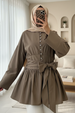 Beli Bağcıklı Boydan Taş Düğmeli Tunik -Açık Kahve