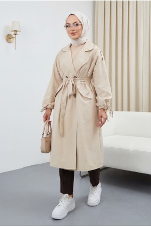 Kapaklı Cepli Kolu Bağcıklı Trençkot -Taş