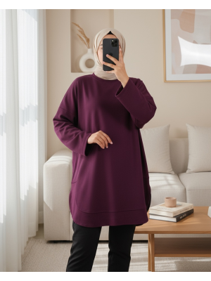 Oysho Sweat with Oval Cut Slit Skirt -Damson