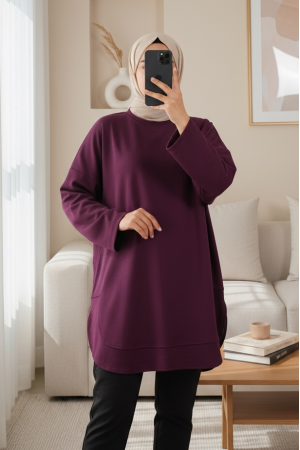 Oysho Sweat with Oval Cut Slit Skirt -Damson