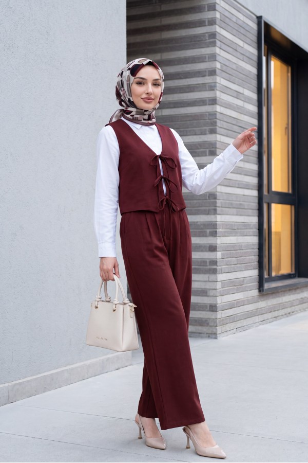 Önü Bağcıklı Yelek Pantolon İkili Keten Görünümlü Takım  -Bordo