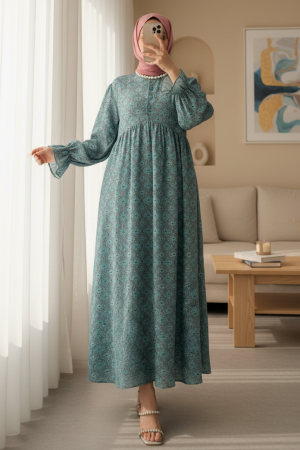 Yarım Düğmeli Beli Bağcıklı Desenli Elbise  -Mint