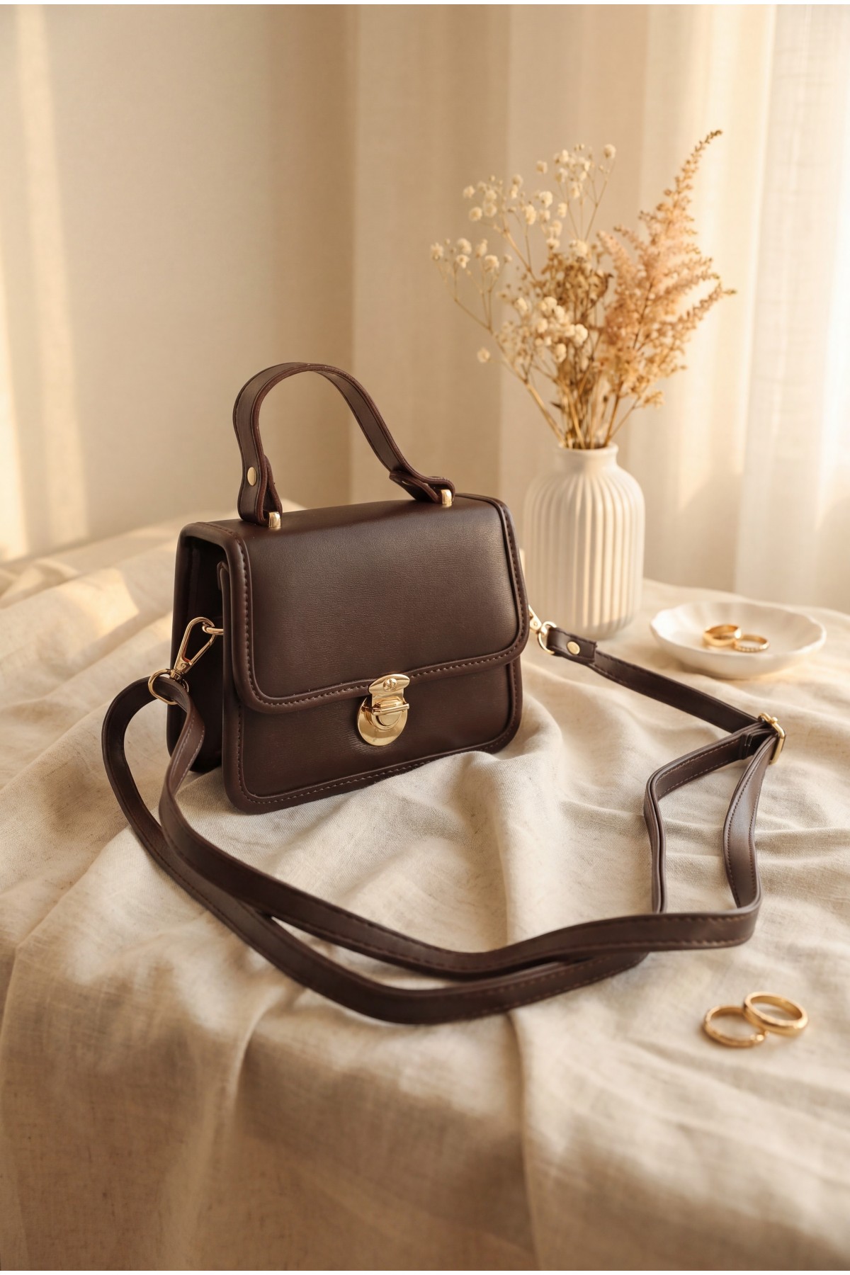 Box Bag with Lockable Lid, Handles and Long Strap -Dark Coffee