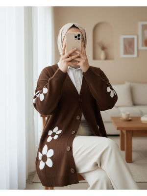 Papatya Desenli Düğmeli Hırka -Kahve