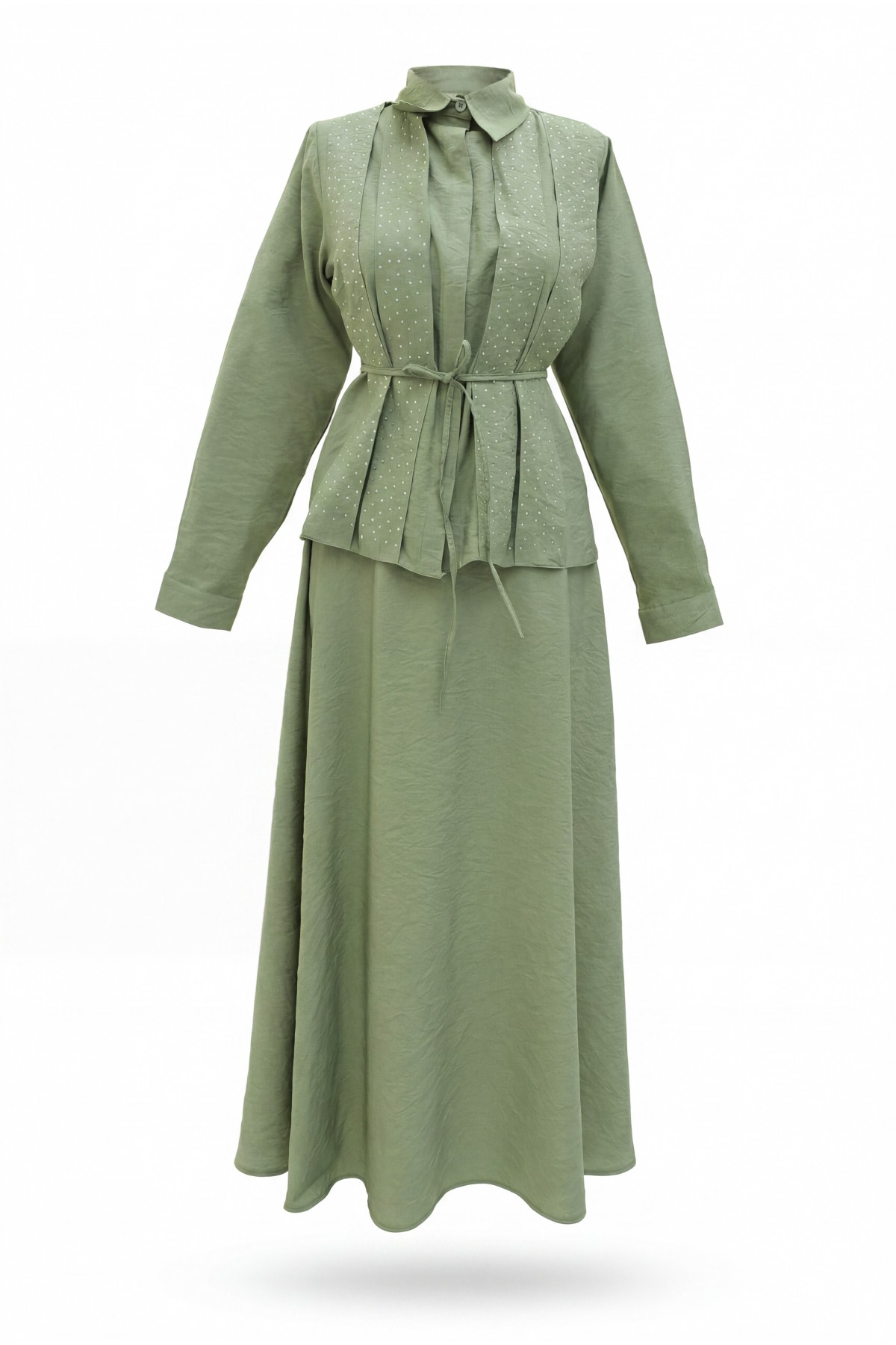 Polyviscose Set with Stone Detail at the Front and Belted Skirt, Lined -Cagla Green