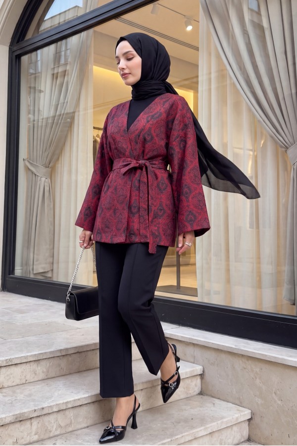 Dijital Baskılı Beli Kemerli Kapitone Kimono -Kırmızı