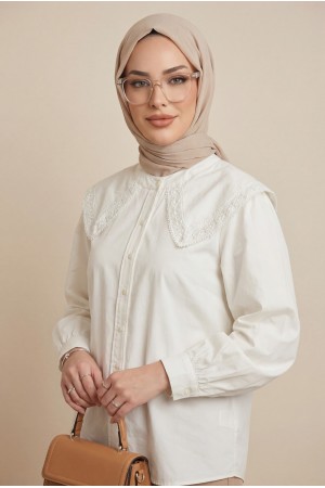 Bebe Yaka Dantel Detaylı Düğmeli Poplin Gömlek  -Ekru