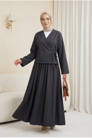 Önü Bağcıklı Etekli Yün Efekt Kışlık -Antrasit