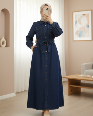 Cepli Kemerli Boydan Düğmeli Kot Elbise  -Laci