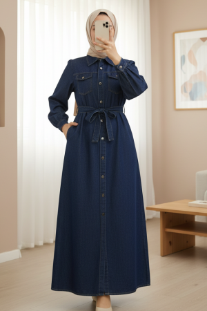Pocket Belted Buttoned Denim Dress  -Navy blue