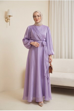 فستان من قماش جانجان مع ربطة أمامية متقاطعة  -أرجواني