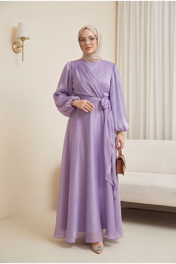 Janjan Fabric Dress with Cross Front Tie Detail  -Lilac
