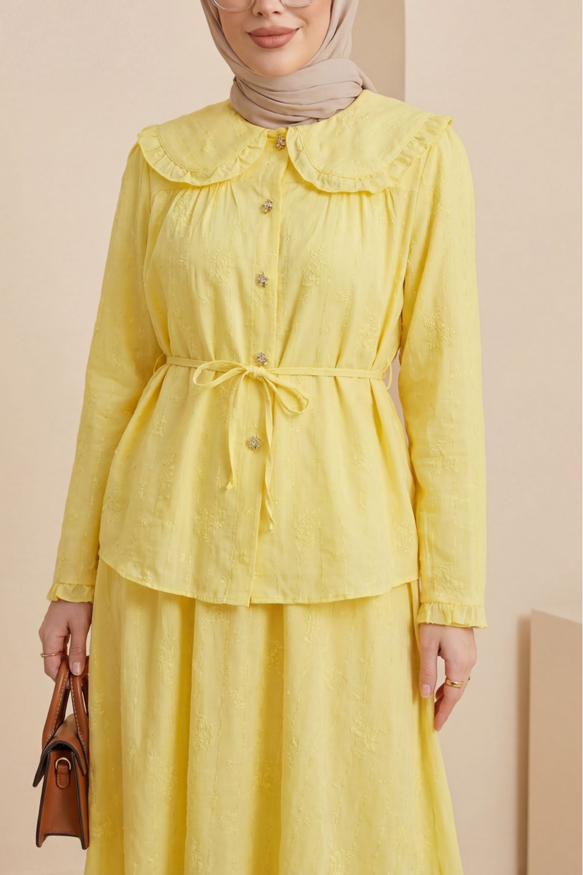 Peter Pan Collar, Lace-Up Buttoned Skirt, Lined Linen Set -Yellow