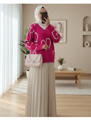V Yaka Taşlı Triko Kazak -Fuşya