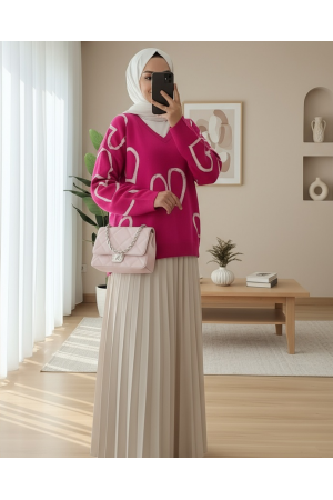 V Yaka Taşlı Triko Kazak -Fuşya