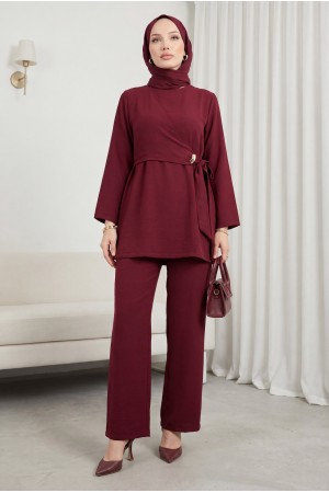 Beli Çapraz Bağlamalı Pantolonlu Modal Takım  -Bordo