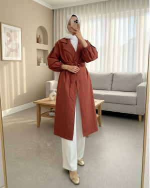Belted Lined Trench Coat with Elastic Sleeves -Brick color