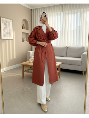 Kolu Lastikli Kemerli Astarlı Trençkot -Kiremit
