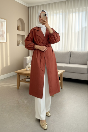 Kolu Lastikli Kemerli Astarlı Trençkot -Kiremit