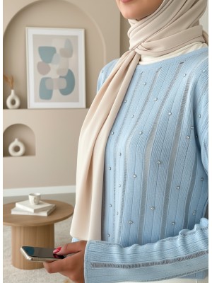 Taşlı Ajurlu Triko Kazak -Mavi